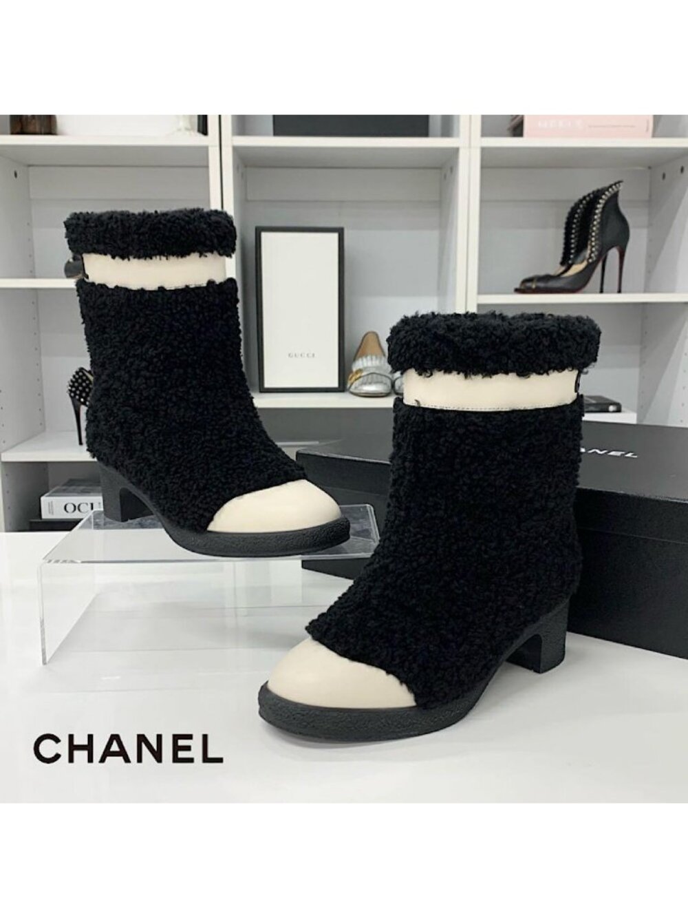 Chanel Shearling Leather CC Logo Short Boots Black White